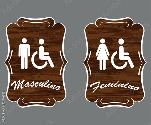 Placa Banheiro com Moldura. Arte para sanitários masculino e feminino com textura de madeira marrom, e detalhes em branco.