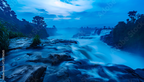 A serene twilight scene with a waterfall flowing from Inga fall in the democratic republic of Congo through rocks surrounded by trees, AI generated 