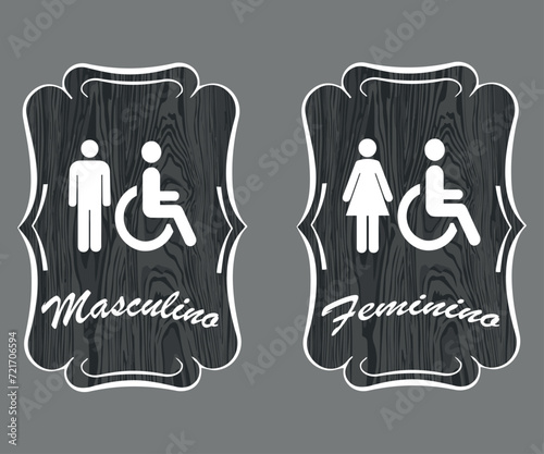Placa Banheiro com Moldura. Arte para sanitários masculino e feminino com textura de madeira cinza, e detalhes em branco.
