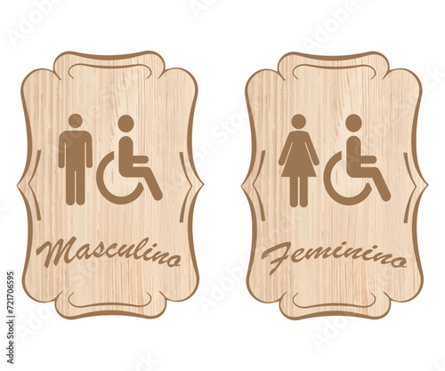 Placa Banheiro com Moldura. Arte para sanitários masculino e feminino com textura de madeira rosa, e detalhes em marrom. photo
