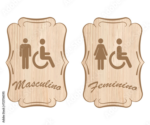 Placa Banheiro com Moldura. Arte para sanitários masculino e feminino com textura de madeira rosa, e detalhes em marrom.