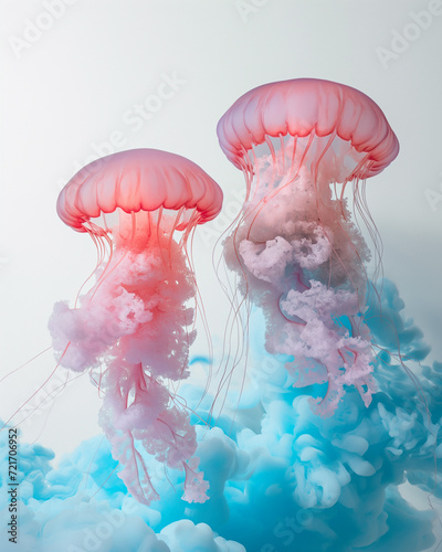jelly fish floating on clouds surrealism, minimalist background