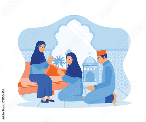 Mother sits on the sofa in the house. The children knelt and apologized. Happy Eid Mubarak concept. flat vector modern illustration 