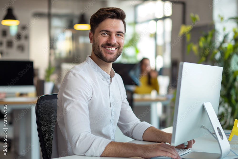 Obraz premium Portrait of Enthusiastic white man Working on Computer in a Modern Bright Office. Confident Human Resources Agent Smiling Happily While Collaborating Online with Colleagues