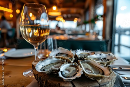 Oysters on ice with wine and lime in a restaurant