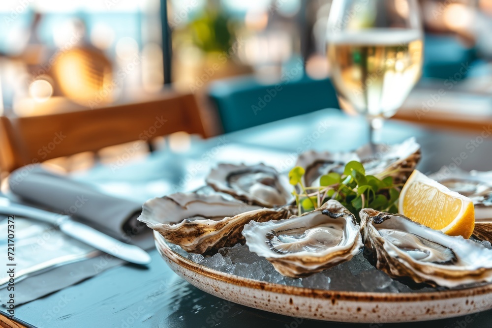 Oysters on a black plate in a restaurant Oysters on a black plate in a restaurant