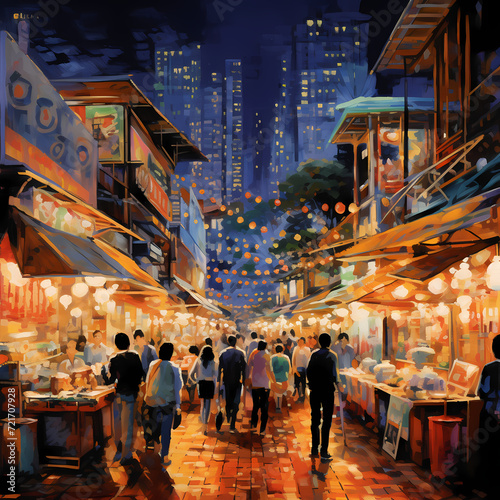 A bustling night market with vibrant lights.