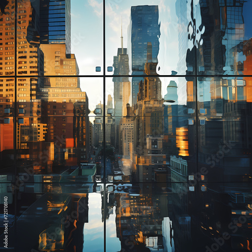 A cityscape reflected in the windows of a skyscraper