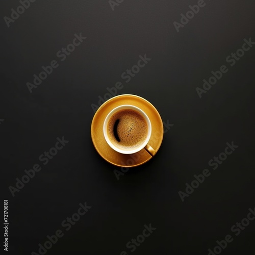Cup of coffee on gold black background. Minimalistic flat lay. Top view. 