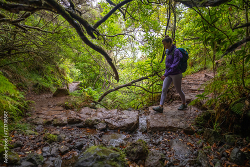 Female tourist with backpack hikes along a curved path through a picturesque deciduous forest. 25 Fontes waterfalls, Madeira Island, Portugal, Europe.