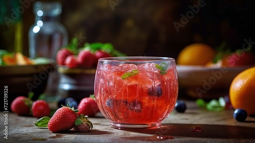 Glass filled with liquid placed amidst various fresh fruits like oranges, berries, and kiwis.