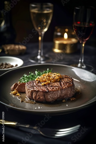 gourmet plate of meat steak on black plate