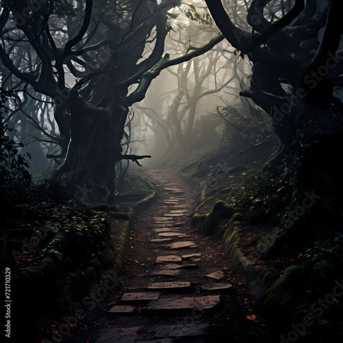 A mysterious foggy forest with a hidden path.