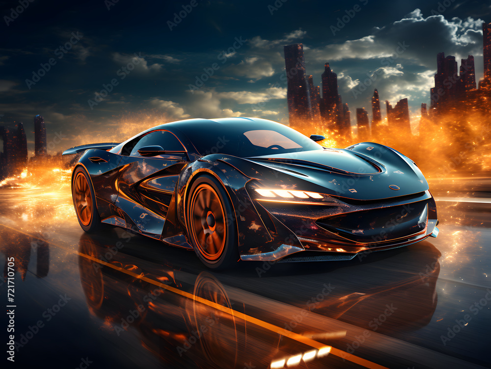 Modern Sports Car Driving on Track with Speed ​​of Light Effect