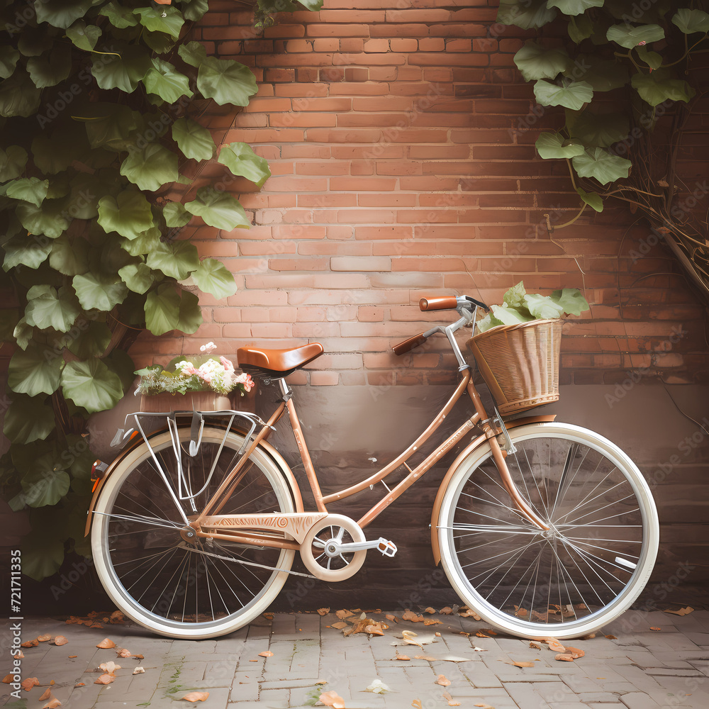 A vintage bicycle against a brick wall with ivy.