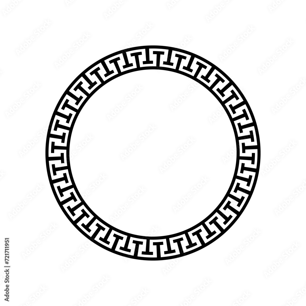 Black greek circle geometric frame vector template. Greece meander pattern border constructed from repeating ancient fret or key lines in circular round motif. Black greek circle geometric frame vector template. Greece meander pattern border constructed from repeating ancient fret or key lines in circular round motif.