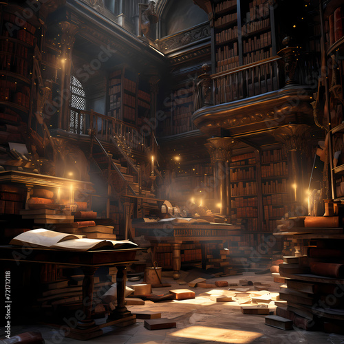 Ancient library with dusty books and hidden scrolls photo