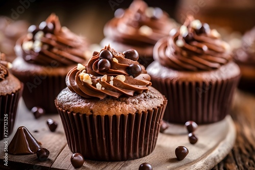 Tasty chocolate cupcakes on a wooden plate