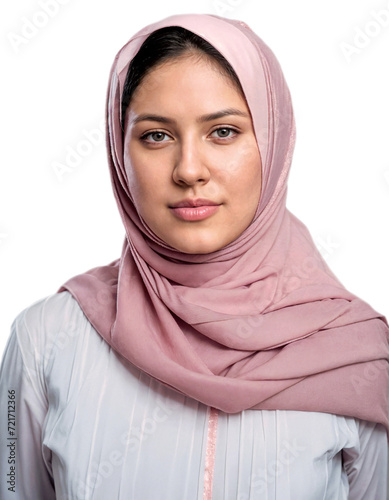 A woman smiles wearing a hijab (ID: 721712366)