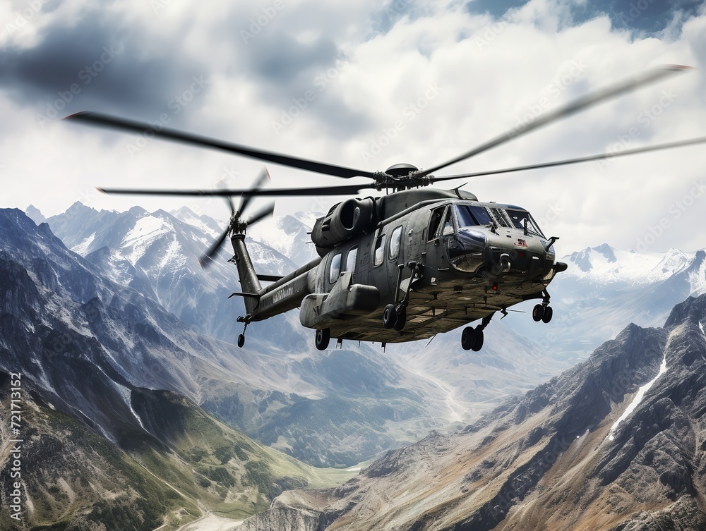 Fototapeta premium Helicopter Flying High Above Mountain Range - AI Generated