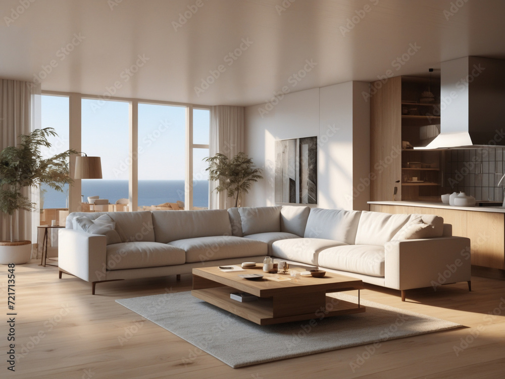 Fototapeta premium Coastal Lounge, Relaxing Seaside Living Room with Beige Sofa