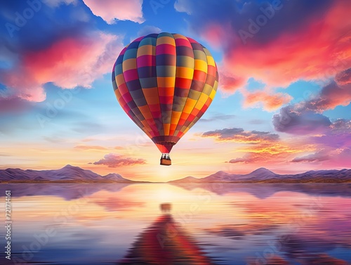 Dreamy Hot Air Balloon Floating in Blue Sky - AI Generated © VisualMarketplace