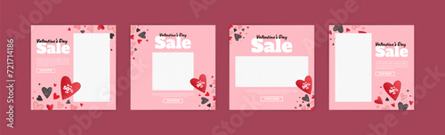 Social media post for valentines day sales promotion. Beautiful promotional banner design with heart decoration for Valentine's Day. Promotional banner for Valentine's Day themed goods.