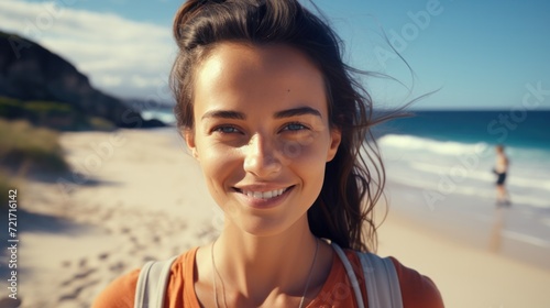 closeup shot of a good looking female tourist. Enjoy free time outdoors near the sea on the beach. Looking at the camera while relaxing on a clear day Poses for travel selfies smiling happy tropical