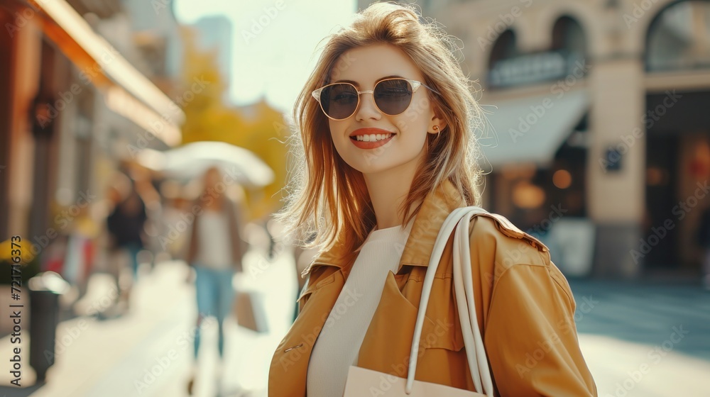 Modern happy Female lifestyle fashion portrait. beautiful attractive young woman girl enjoy stylish walk with shopping bag packages on the street, trendy outfit on shopping mall, browse product