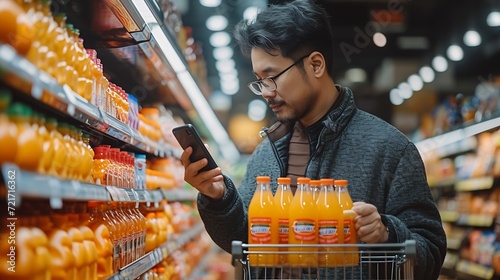 Generative AI : Asian man choosing orange juice in supermarket using smartphone to check shopping list.  photo