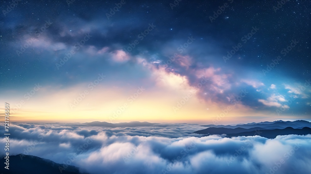 Obraz premium Generative AI : A panoramic view of the milky way galaxy arching over a tranquil sea of clouds