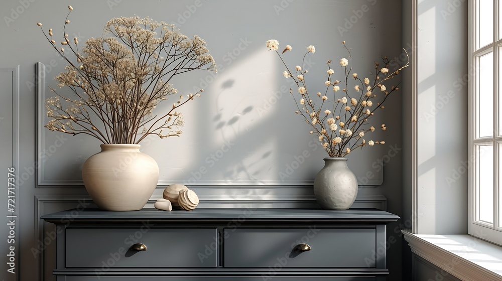 Generative AI : Minimalist composition of living room interior with copy space, black commode, vase with dried flowers