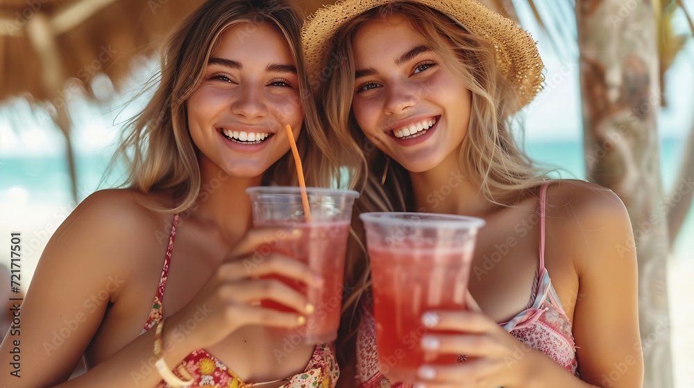 Generative AI : Two young beautiful smiling hipster female in trendy summer clothes. Generative AI : Two young beautiful smiling hipster female in trendy summer clothes.