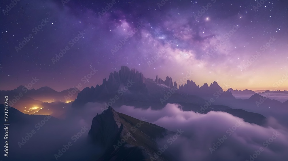 Generative AI : Milky Way above mountains in fog at night in autumn