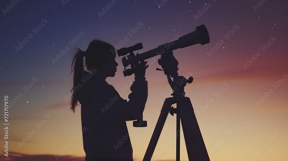 Generative AI : Girl with astronomical telescope stargazing under twilight sky