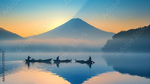 Generative AI   Fujisan with Silhouette three fishing people on boats 