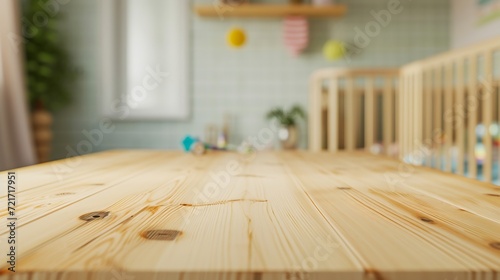 Generative AI : Empty wooden table in baby room interior