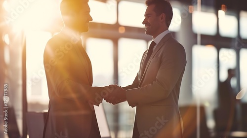 Generative AI : Shot of two businessmen shaking hands in an office. Two smiling businessmen shaking hands while standing in an office.  photo