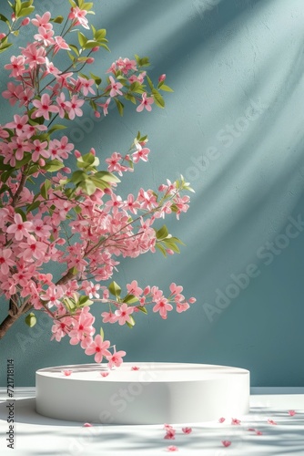 podium with spring background, mockup display stand for product presentation, hyper detailed, photorealistic, 16K, ultra realistic, no watermark - generative ai