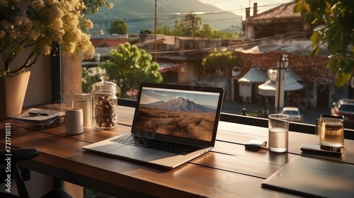 a work desk with village view. work anywhere. workcation background