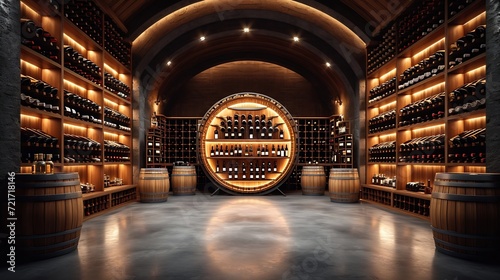 Generative AI : Big round wine cellar for storage of alcoholic beverages placed inside modern manufacturing factory