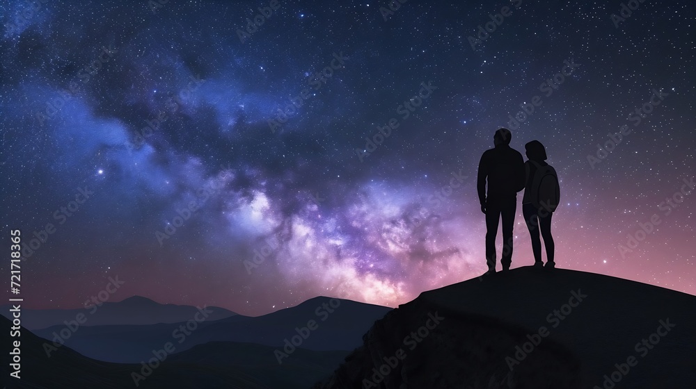 Generative AI : Silhouette of young couple hiker were standing at the top of the mountain