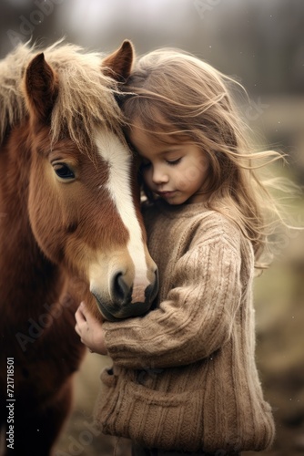 Small cute girl embraces a pony outdoors © InfiniteStudio