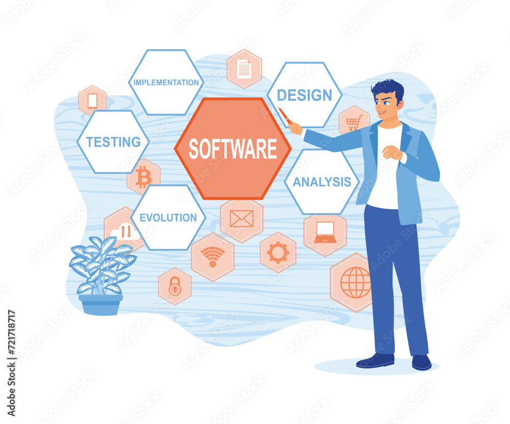 Man working using virtual screen. Develop software and business process automation. Software developers concept. flat vector modern illustration Man working using virtual screen. Develop software and business process automation. Software developers concept. flat vector modern illustration