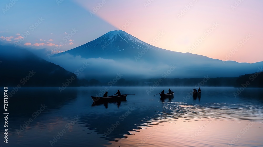 Generative AI : Fujisan with Silhouette three fishing people on boats 