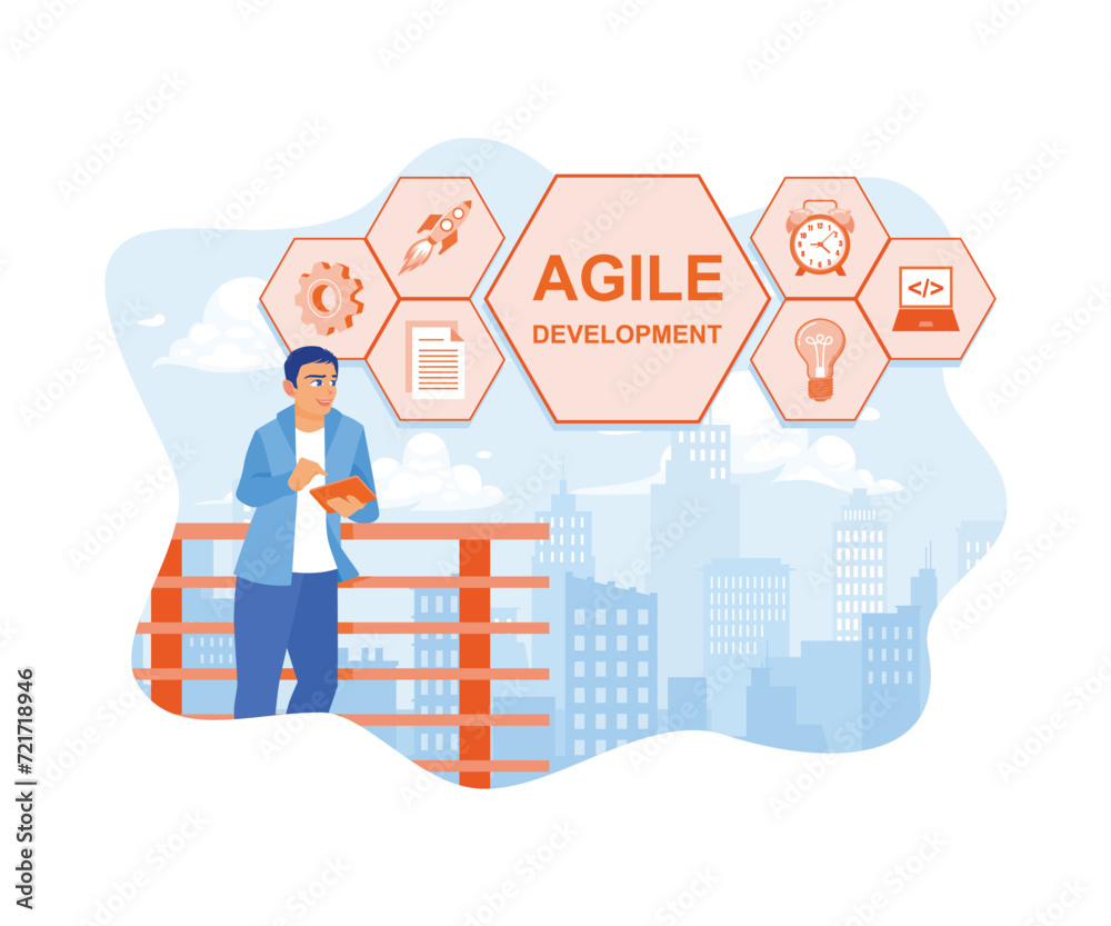 IT expert using digital tablet. Develop agile development software on the screen. Software developers concept. flat vector modern illustration IT expert using digital tablet. Develop agile development software on the screen. Software developers concept. flat vector modern illustration