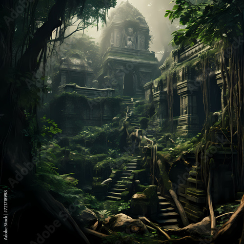 Jungle temple hidden in thick vegetation.