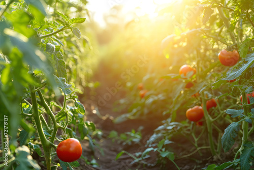 tomatoes field, in sunrise, with sun light