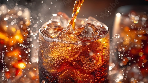 Generative AI : Pouring cola soda with ice and bubble on front view white background cold drink beverage