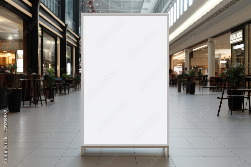 White unoccupied advertising stand in a busy shopping center with passersby White unoccupied advertising stand in a busy shopping center with passersby